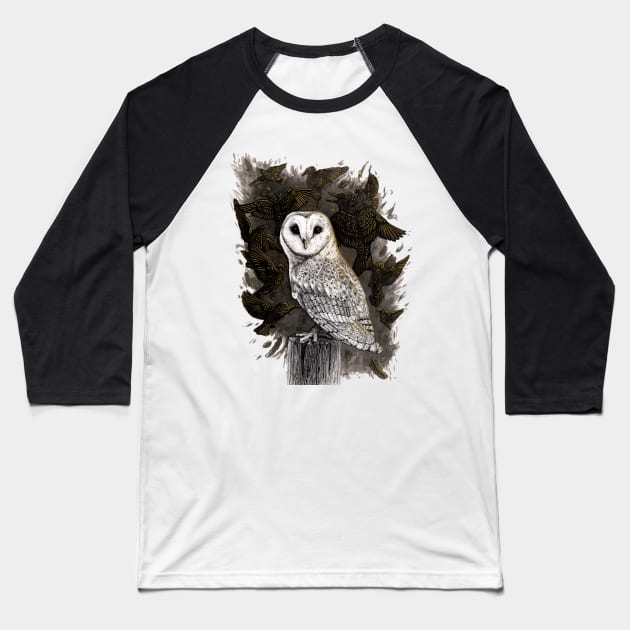 Barn Owl with Golden Starlings Baseball T-Shirt by Warbler Creative